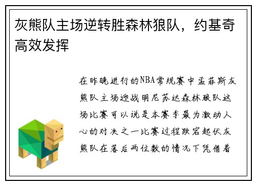灰熊队主场逆转胜森林狼队，约基奇高效发挥